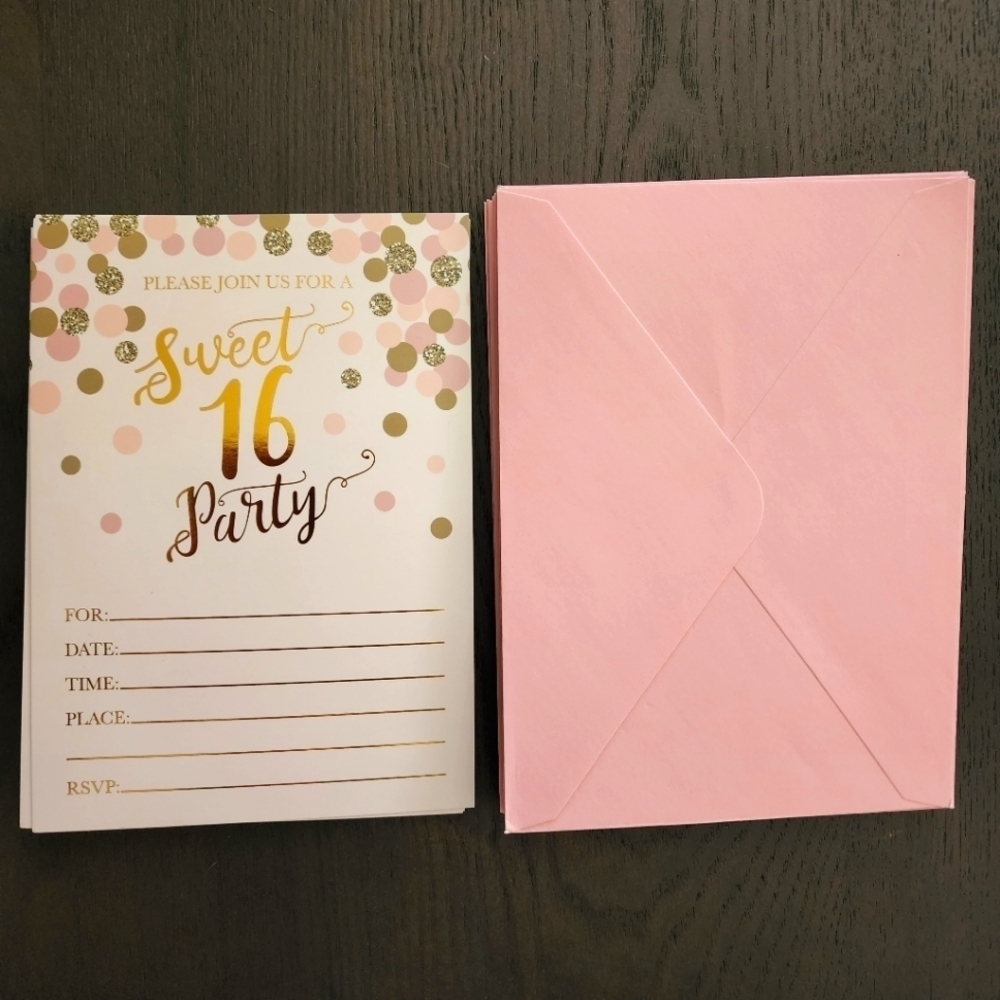 Sweet 16 birthday party invitations pink and gold (18 invitations/19 envelopes)